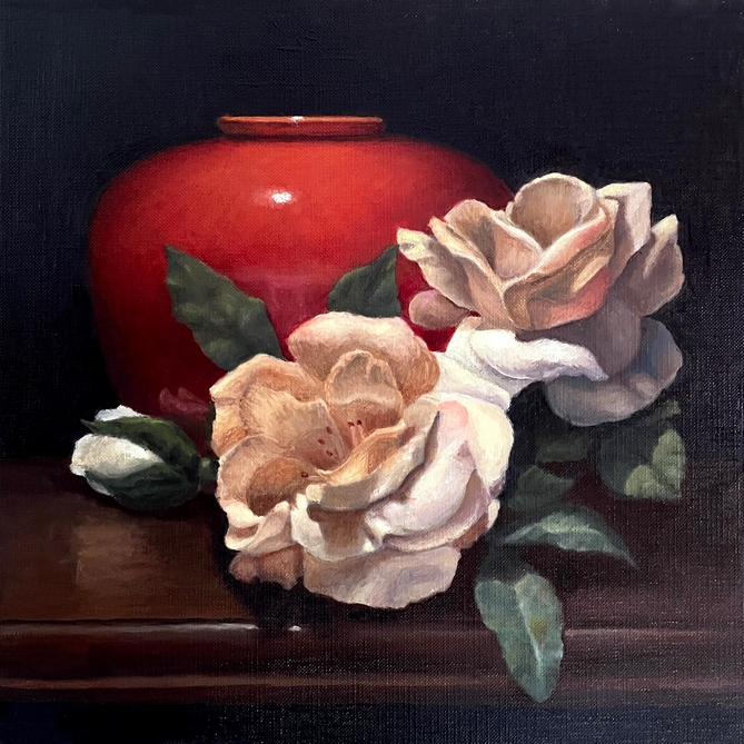 Oil Painting of Red Vase and Roses