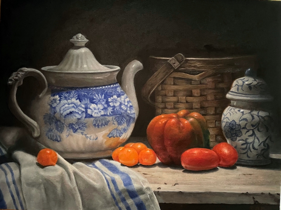 Teapot and Basket with Vegetables